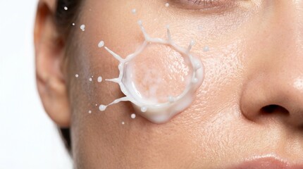 Fototapeta premium Close-up of a woman's face with a splash of white liquid, possibly lotion or cream, hitting her cheek.