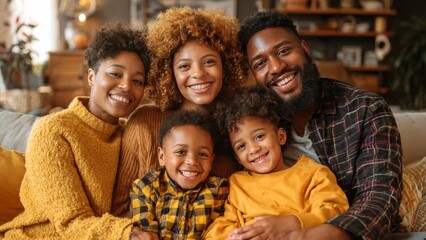 Fototapeta premium Happy African American family of five smiling and sitting closely together at home
