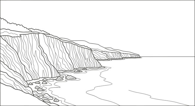 Detailed Line Drawing of Coastal Cliffside Landscape.