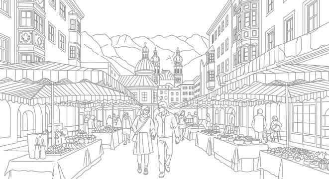 Charming outdoor market scene with historic architecture backdrop.