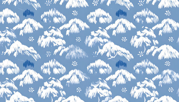 Seamless abstract pattern of stylized white trees and snowflakes on a muted blue background, ikat textile texture