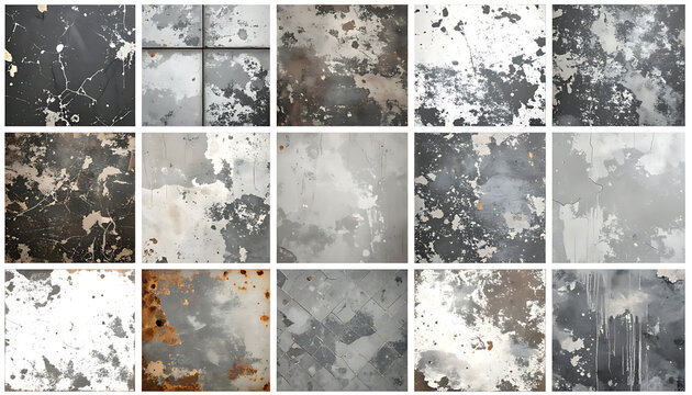 Set of distressed textures, grunge backgrounds with peeling paint and rust effects, pixelated imperfections