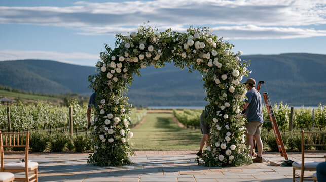 Ceremony arch installation team anchoring large floral structure before outdoor vineyard ceremony, ladder and tools visible, estate grounds stretching to hills, July sky with moving clouds above cre