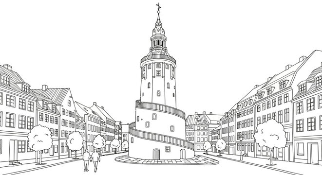 Historic Town Square with Towering Clock Tower Illustration.