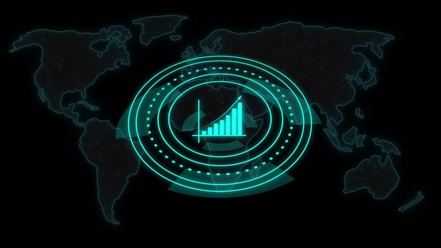 Advanced targeting system overlays an international logistics map. Digital targeting system tracks global navigation coordinate sectors. Security operations simulation with a targeting system.