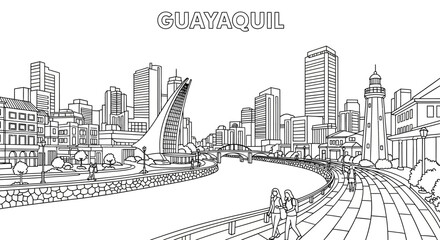 Obraz premium Detailed Black and White Line Art of Guayaquil Cityscape.