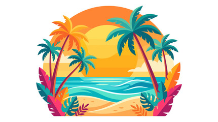 Fototapeta premium Vibrant tropical beach scene featuring colorful palm trees and golden sun in a flat vector illustration style perfect for summer travel and vacation marketing designs
