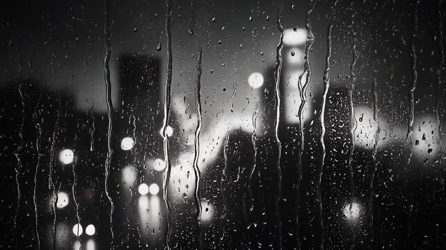 Cinematic Black and White Rain Droplets Flowing on Window Glass with Blurred Urban City Night Background, Full HD 1080p Motion Graphics