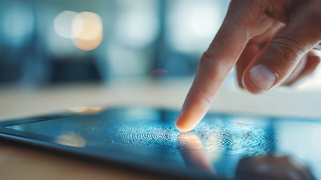 Finger touching digital fingerprint on tablet screen representing supply chain disruption and security technology concept