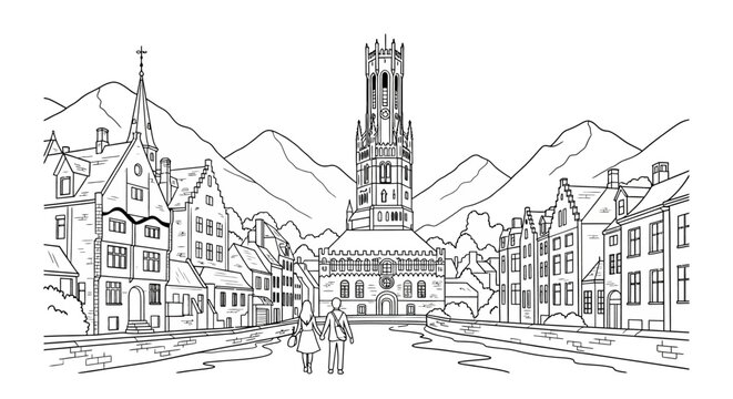 Historic European Town Square with Towering Landmark Clocktower.
