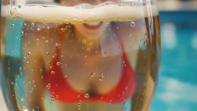 Refreshing Golden Beer with Rising Bubbles and Foam in a Glass, Reflecting a Person in a Bikini by the Pool, Cinematic Full HD Slow Motion Footage for Summer Party Backgrounds.