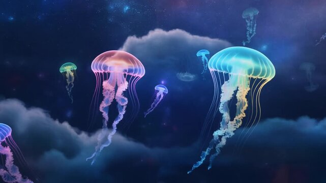 Seamless Loop of Bioluminescent Jellyfish Floating in a Dark Surreal Dream Sky with Nebulous Clouds, Ethereal Cinematic Full HD Motion Background
