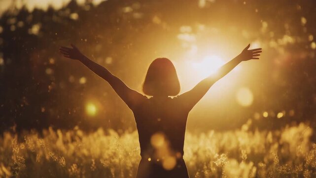 Inspirational Silhouette of Woman Raising Arms in Serene Golden Sunset Field, Joyful Full HD Cinematic Motion Background Loop