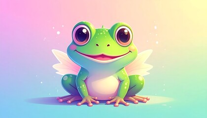 Fototapeta premium A smiling green frog with wings sits on colorful background
