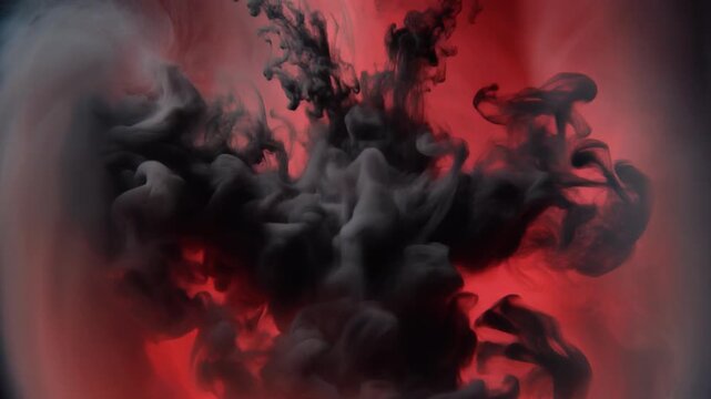Violent Collision of Black Smoke and Crimson Ink Clouds in Water, Creating a Dramatic Abstract Motion Background for Intense Emotional Concepts, Full HD Cinematic Footage