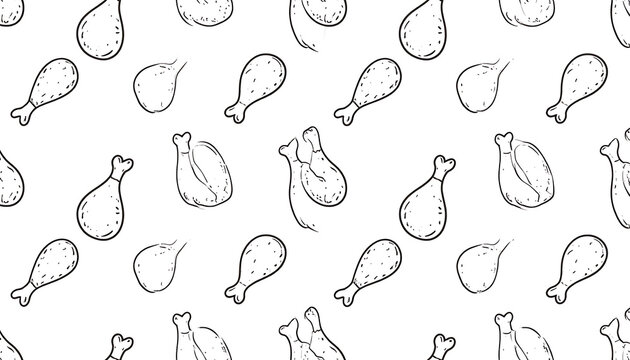 Seamless pattern of cartoon fried chicken legs and eggs, hand drawn doodles, food illustration, simple, fun, for kids