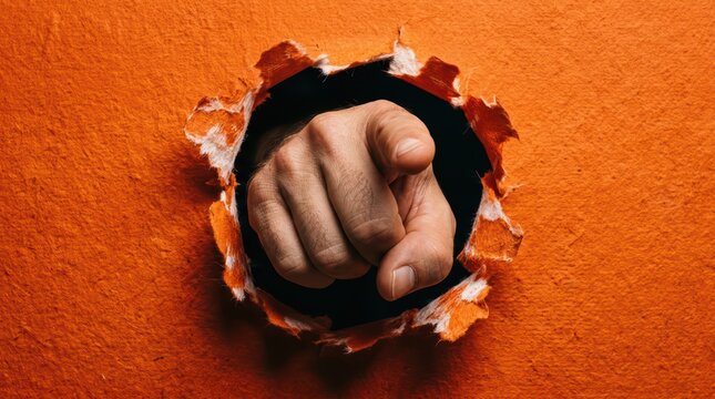 Human hand pointing directly through torn orange paper hole in wall studio backdrop close up accusatory pointing gesture