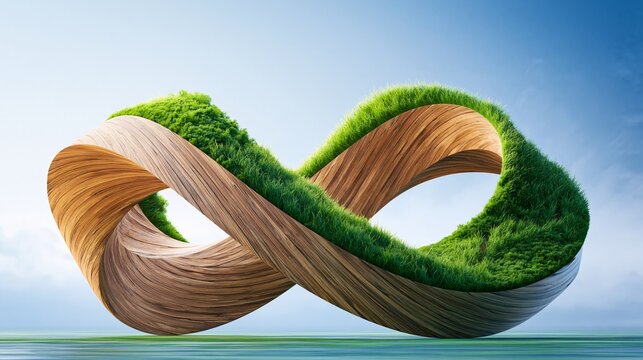 Infinite loop of wood and grass floats above calm water. Sky glows soft blue, suggesting peace and renewal. Structure blends nature with architecture