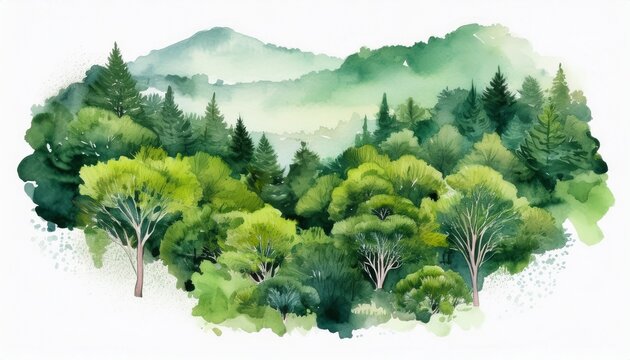 forest canopy rendered in vibrant watercolor aerial view capturing verdant green landscape against white backdrop