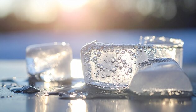 Clear ice cubes melting in sunlight, showing air bubbles and water droplets