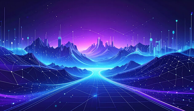 Retro futuristic digital landscape with glowing neon mountains, pixelated terrain, and data streams, synthwave aesthetic, 80s vibe