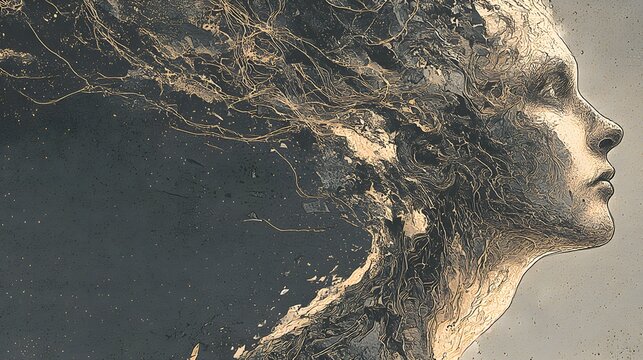金色の線で描かれた横顔と精神世界の抽象アート