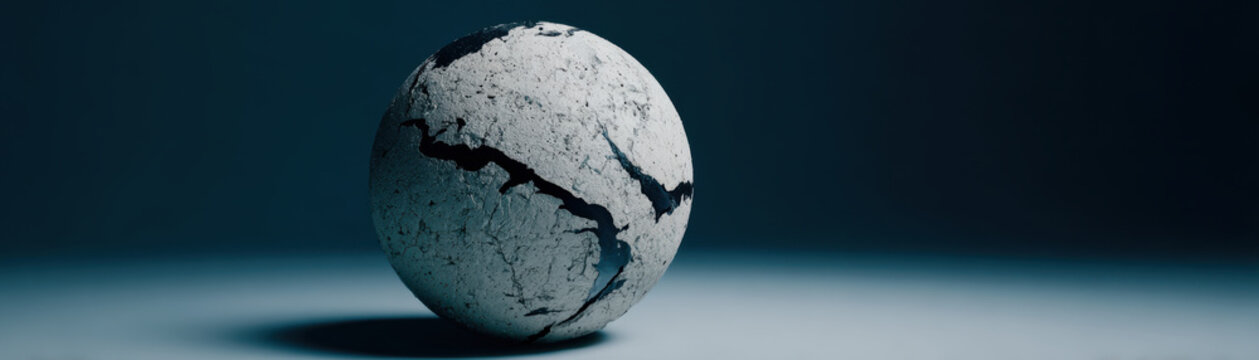 Cracked white sphere on dark surface symbolizes supply chain disruption with visible fractures and shadows creating dramatic effect