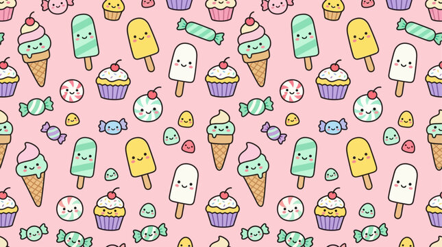 A delightful seamless pattern filled with adorable smiling ice cream, popsicles, and other summer sweets, presented in a charming flat design. Perfect for sweet treat branding or fun summer events.