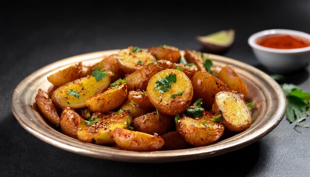 traditional bengali style fried potatoes seasoned with spices and herbs on dark background