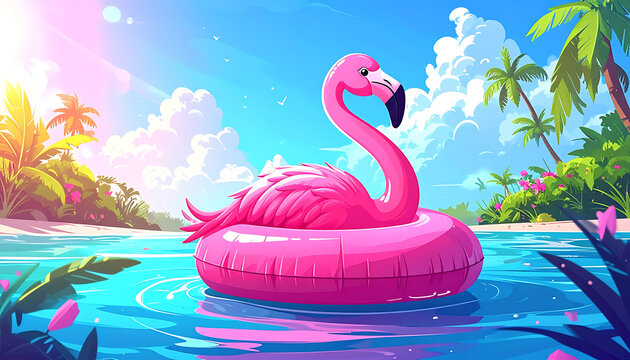 Retro pixel art flamingo float in tropical ocean water, sunny summer vacation, palm trees and clouds, vibrant beach scene