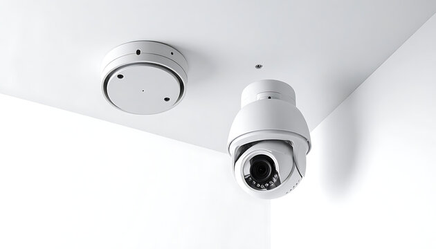 Security surveillance cameras mounted on a white ceiling, one fixed dome camera and one PTZ camera, safety and monitoring systems