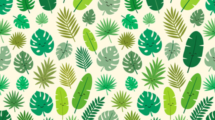 Fototapeta premium A serene and adorable seamless pattern featuring smiling tropical leaves in a clean, modern flat design style. Excellent for botanical themes, spa branding, or tranquil summer backgrounds.