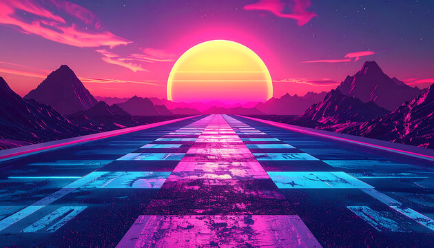 Retro pixel art sunset over a futuristic road, synthwave aesthetic, neon glow, mountains in distance