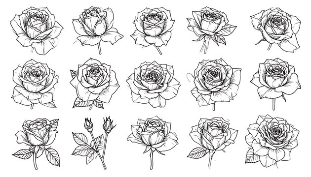 Set of hand-drawn rose illustrations in a sketchy, dotted style, isolated on white, ideal for floral patterns and graphic design elements