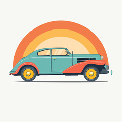 Obraz premium Vintage Car Illustration with Retro Rainbow Background