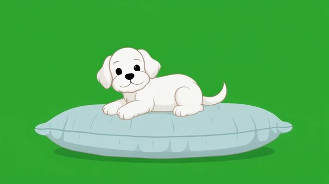 Cute cartoon white puppy lying on a soft blue pillow against a green screen chroma key background.
