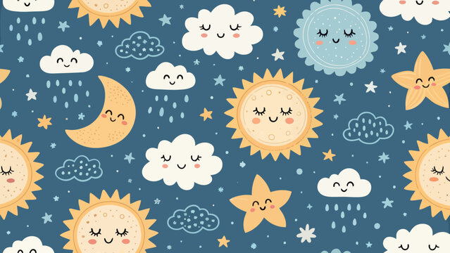Cute cartoon celestial pattern with smiling suns, stars, clouds, and moon on blue