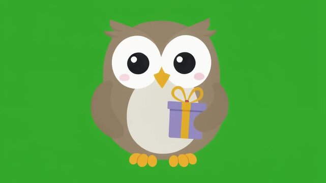 A cute cartoon owl character holding a small purple gift box on a green screen chroma key background.