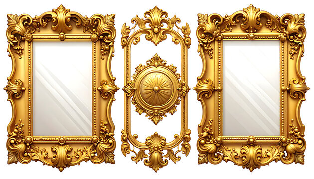 Set of ornate gold baroque picture frames and central decorative cartouche, isolated on white, intricate scrolls and foliage elements