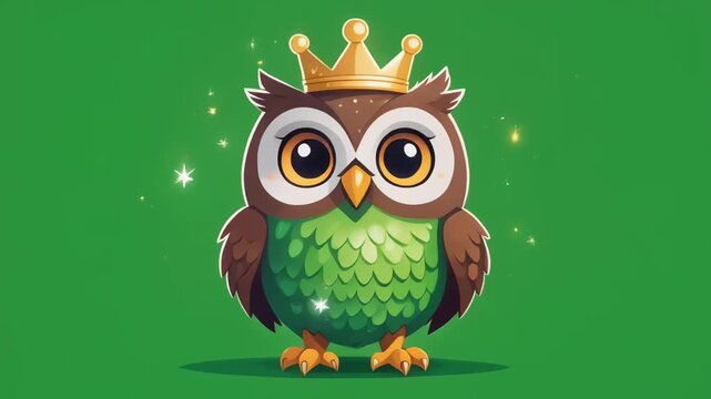 Cute cartoon owl wearing a golden crown on a solid green screen chroma key background.