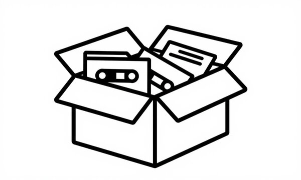 open cardboard box bathed soft morning light reveals cluttered array yellowed files dusty cassettes spilling