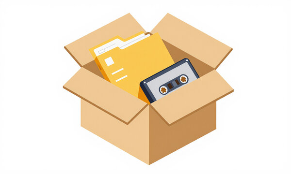 open cardboard box bathed soft morning light reveals cluttered array yellowed files dusty cassettes spilling