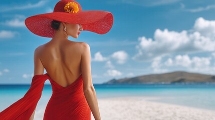 Fototapeta premium A woman in a red hat and dress stands on a beach with a turquoise sea and blue sky. An elegant summer look against the backdrop of a sandy shore and picturesque clouds.