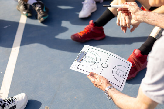 Coach discussing basketball strategy with players on court