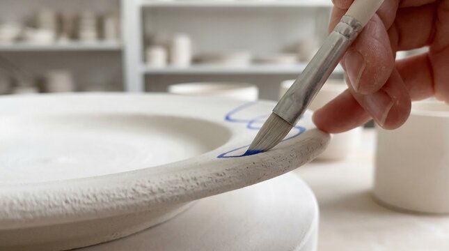 Close-up of an artisan hand painting a blue pattern on a white ceramic plate in a pottery studio