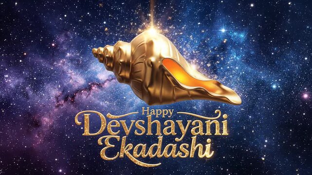 Happy Devshayani Ekadashi Greeting with Golden Conch Shell in Space