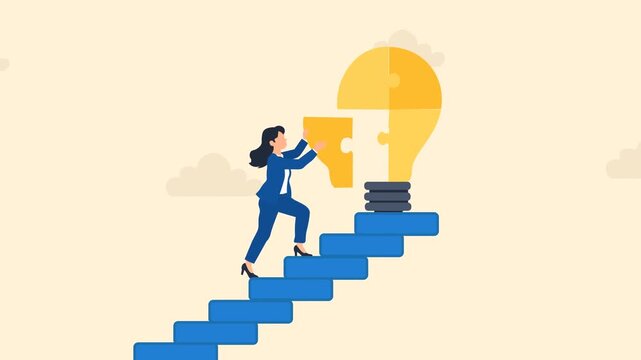 Businesswoman Climbing Stairs and Placing Final Puzzle Piece Into A Giant Light Bulb. Creative Problem Solving, Innovation, Strategy And Success Concept Flat Design Animation.