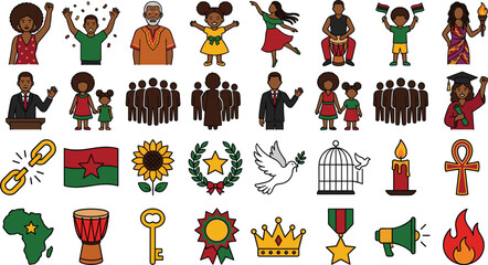 Fototapeta premium Juneteenth and Black History Month vector icon set with African American family characters, Pan-African flag, broken chains, and cultural freedom symbols