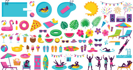 Summer pool party and beach vacation flat vector element set with floaties, cocktails, people silhouettes, and tropical illustrations © MDSAKIB
