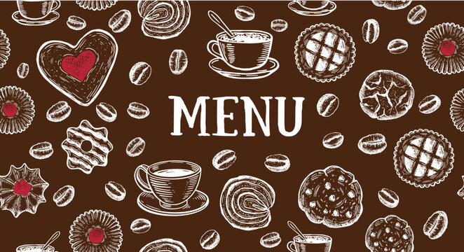 Dark seamless coffee and pastry pattern with cups, beans and desserts on brown background, warm cafe mood, food packaging, cozy coffeehouse style.